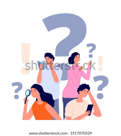 Interrogative concept. Flat people search, woman holding magnifier. Group investigation, searching solution answers. Ask person utter vector concept