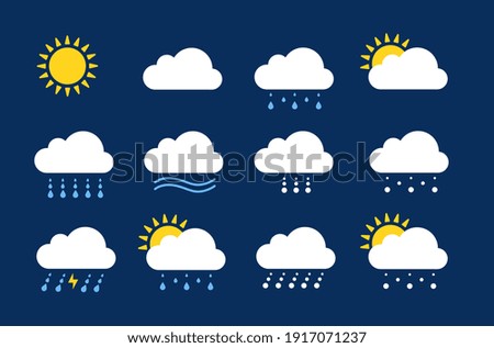 Weather icons. Season climate, precipitation rain and snow. Flat meteo report or forecast clipart elements. Sunny cloudy rainy utter vector symbols