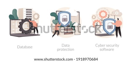 Cloud computing network safety abstract concept vector illustration set. Database data protection, cyber security software, information storage service, access policy, antivirus abstract metaphor.