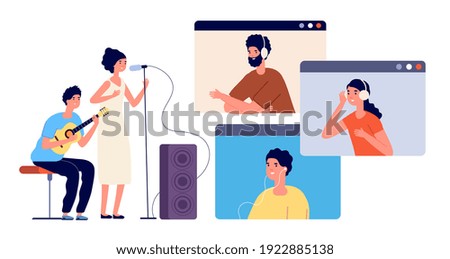 Live stream. Music streaming, online event or musical blogger. Modern video party entertainment, dj singer and audience on screen utter vector concept