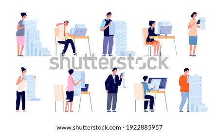 People with documents. Cartoon manager, checklist file or paper pay form. Fill work document or application, person hold sheets utter vector set