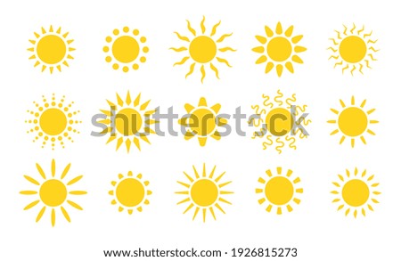 Summer flat sun logo. Yellow suns circles, bright natural lighting objects. Heating sunshine, isolated spring warm season utter vector symbols
