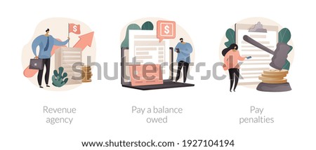 Tax payment abstract concept vector illustration set. Revenue agency, pay a balance owed, pay penalties, credit payment, filing taxes, payroll account, family benefit, GST and HST abstract metaphor.
