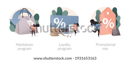 Customer attraction abstract concept vector illustration set. Retail markdown, loyalty program, promotional mix, selling strategy, coupon special discount, in-store sale, low price abstract metaphor.