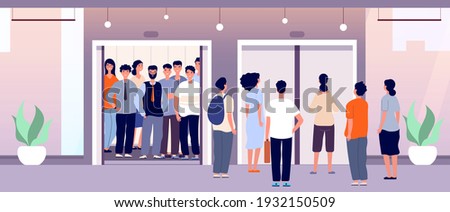 People waiting elevator. Crowd stands, persons front closed lift doors. Characters in office hall, hotel or mall utter vector illustration
