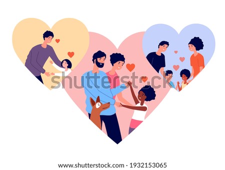 Adoption concept. Pet and child adopted, relationship adult and children. Love or charity, cartoon parenthood society utter vector illustration