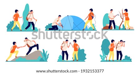 Hiking characters. People hike logging, travel with backpacks on nature. Summer camp adventures, adult standing on mountain utter vector set