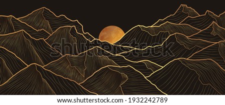 Mountain line art background, luxury gold wallpaper design for cover, invitation background, packaging design, wall art and print. Vector illustration.