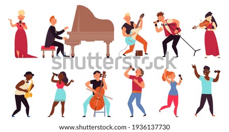 Musician and singers. People singing, rocker musicians character. Isolated cartoon rap stars, music concert or performance decent vector set