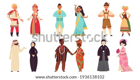 Diverse nationality people. Group together, multiethnic young cartoon characters. Interracial couple, international demographic decent vector set