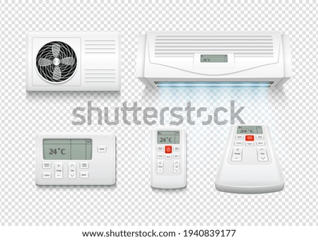 Realistic air conditioner. Conditioners wave, summer home airing technology. Climate control, hot cool weather at office or apartment vector elements