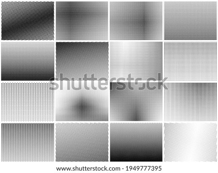Halftone dots texture set. Grainy textures, dot gradient pattern. Textured circles background, black small round lines recent vector collection