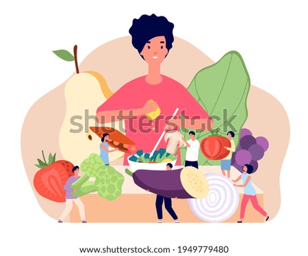 Vegan food concept. Flat groceries elements, fresh retail vegetarian product. Healthy fruit diet, woman cooking vegetables salad utter vector concept