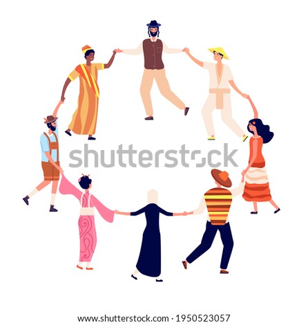 People round dance. Adults friends circle in dancing. Friendship, humans hold hand. Men women together, multicultural society concept