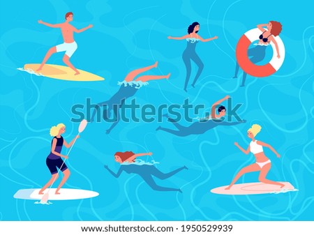 People swimming. Summer swim, woman man in vacation. People in sea or ocean, surfing and relaxing in water. Swimmers illustration