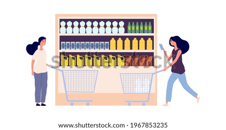 Grocery store shelf. Women with carts, food and related products. Flat customers or shoppers in supermarket illustration