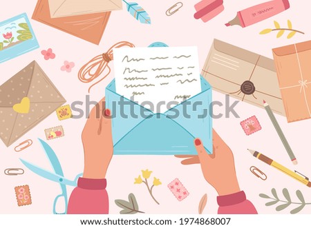 Hands holding envelope. Prepare future letters, postal papers. Self writing messaging, write postcard message cartoon exact vector concept
