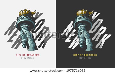 New York slogan with liberty statue hand torch on black and white background vector illustration