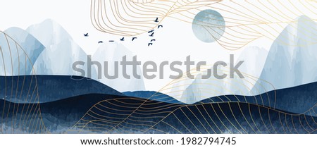Blue mountain and golden line arts background vector. Oriental Luxury landscape background design with watercolor brush and gold line texture. Wallpaper design, Wall art for home decor and prints.