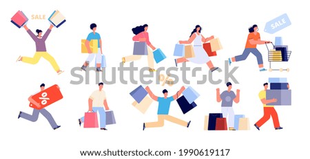 Happy people on sale. Shopping man, shop woman consumer. Person with cart, girl walk clothes shops. Isolated shoppers holding bag utter vector set