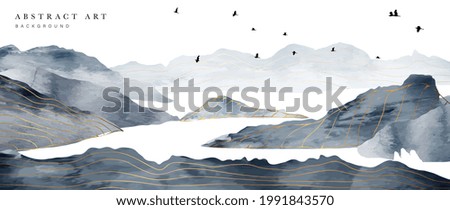 Mountain and sun Abstract art background vector. Luxury oriental style watercolor background with line art and brush texture. Wallpaper design for prints, cover, banner, wall art and home decoration.