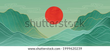 Mountain and sun golden line arts background vector. Oriental Luxury landscape background design with watercolor brush and gold line texture. Wallpaper design, Wall art for home decor and prints.