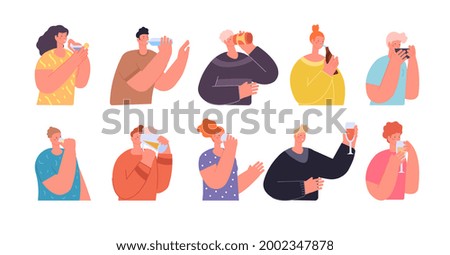 People with drinks. Teens drink, friends holding juice water or wine. Person drinking beverages, isolated party lifestyle utter vector characters