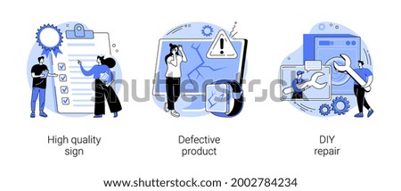 Product quality abstract concept vector illustration set. High quality sign, defective product, DIY repair, ISO certification, broken equipment, repair manual, video tutorial abstract metaphor.