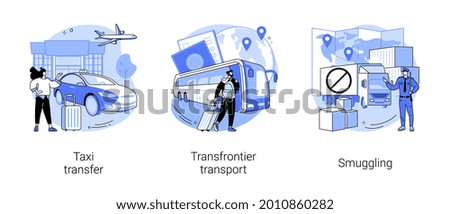 Crossing border abstract concept vector illustration set. Taxi transfer, transfrontier transport, smuggling and illegal goods transportation, freight taxi service, contraband abstract metaphor.