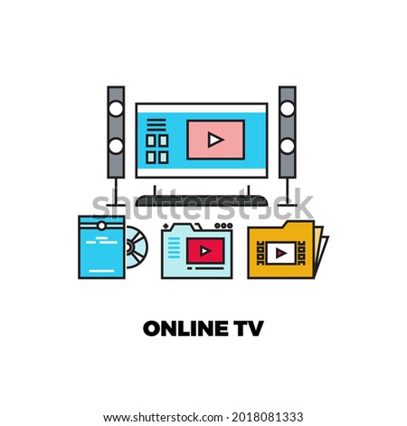 Online tv service. Outline folders, video movie database. Internet entertainment concept, web blogger vector illustration