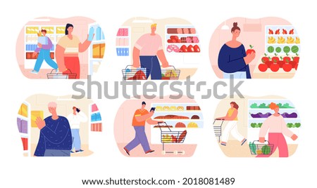 People in grocery store. Shopper buy bread, food products choice on market. Flat fresh fruits in supermarket, customer near shelves utter vector scenes