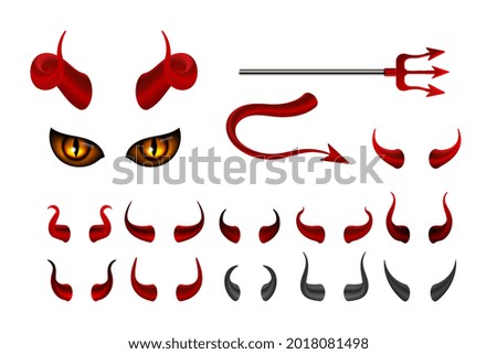 Red devil horn. Satanic horns face with yellow eyes, isolated hell harpoon and tail. Halloween photo booth props, social media stories stickers or isolated vector elements