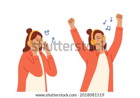 Music lover. Girl listen song in headphones. Bad good podcast, musical playlist or audiobook. Happy and sad angry woman listening info vector character