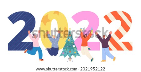 New year 2022 celebrating. People celebrate, happy friends and giant numbers. Christmas holiday characters, office corporate party utter vector banner