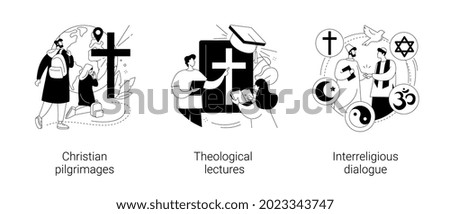 Doctrine of god abstract concept vector illustration set. Christian pilgrimages, theological lectures, interreligious dialogue, church father, religious symbol, visit saint place abstract metaphor.