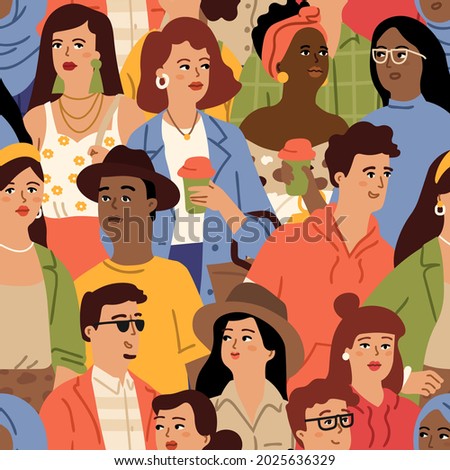 Diverse people crowd. Multicultural society, young teenagers and adults together. Boy like hipster , modern city persons in seasonal clothes. Colorful woman man vector seamless pattern