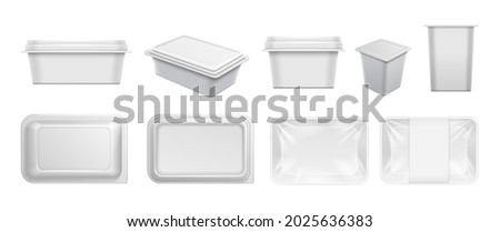 White plastic containers. Food container, packaging for take away and yogurts. Realistic boxes for cafe, bar, restaurant, top view reusable dishes vector mockup Stock fotó © 