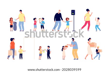 Good manners. Children help person. Good habits, friendly kids and adults. Polite etiquette, kid hold door for woman illustration