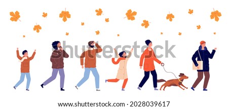 People and autumn leaves. Seasonal colourful leaf. Woman kids playing and jumping. Fall foliage, activity and dog walks illustration