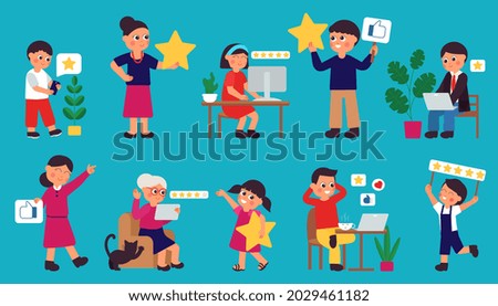 Customers with stars. Good review, rating star for app or service. Clients feedback, people satisfaction. Cartoon characters rate decent vector set