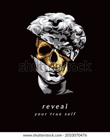 reveal your true self slogan with antique statue and skull vector illustration on black background