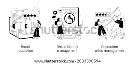 Business public relations abstract concept vector illustration set. Brand reputation, online identity management, reputation crisis management, product presence, social network abstract metaphor.