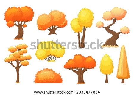 Cartoon autumn yellow trees. Bright tree, forest fall landscape elements. Orange bush. Colorful seasonal foliage recent vector nature set