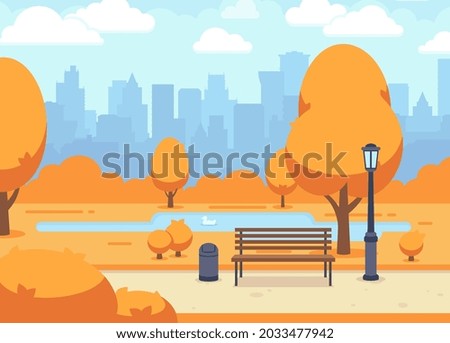 Autumn city park. Beautiful fall town road with wooden bench. Outdoor season landscape, blue cloudy sky, orange trees and lake. Urban vector panorama