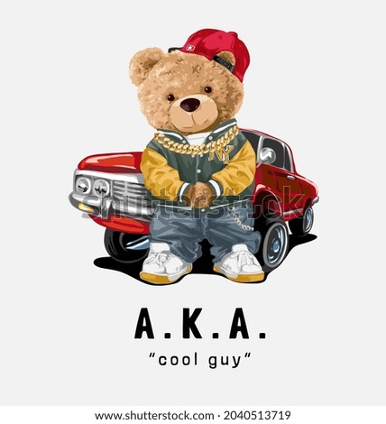 bear doll rapper with gold neck lace on red car background vector illustration