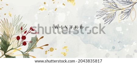 Winter background design  with watercolor brush texture, Flower and botanical leaves watercolor hand drawing. Abstract art wallpaper design for wall arts, wedding and VIP invite card.  Vector EPS10