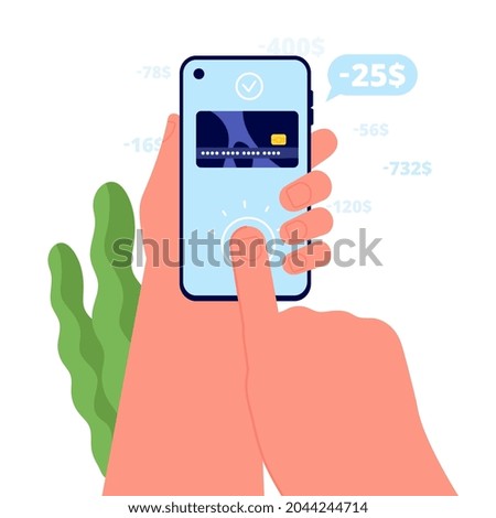 Pay by phone. Bills paid, ecommerce mobile services. Hand hold smartphone and approved payments. Credit debt control management utter vector concept 商業照片 © 