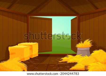 Inside barn house. Cartoon farm wooden, hay or straw inside. Door open into meadow, shed for instruments and agriculture tools recent vector scene