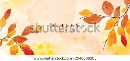 Autumn background vector. Hand painted watercolor and gold brush texture, Flower and botanical leaves hand drawing. Abstract art design for wallpaper, wall arts, cover , wedding and  invite card.  