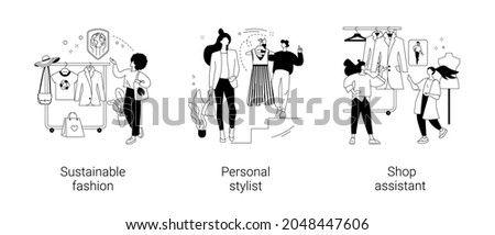 Shopping abstract concept vector illustration set. Sustainable fashion, personal stylist, shop assistant, organic clothes, man and woman style, dressing room, customer service abstract metaphor.